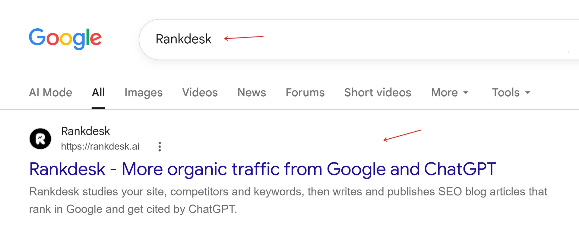 Rankdesk ranking in Google search results