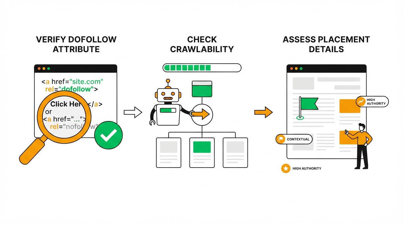 How to verify dofollow links, crawlability, and placement details